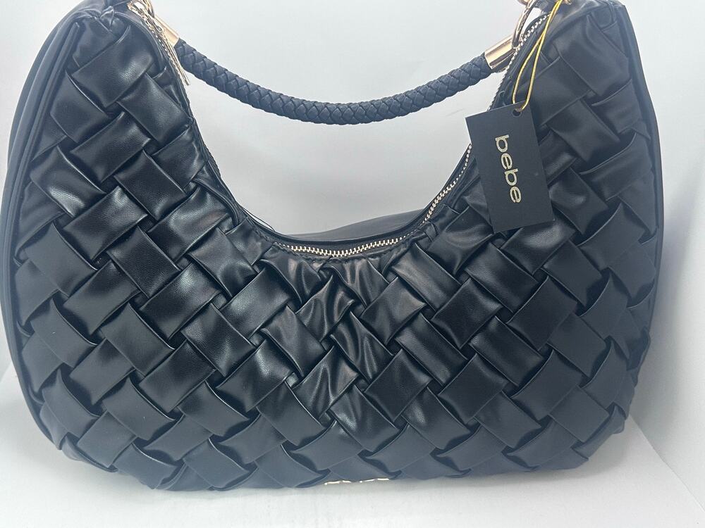 Bebe Luca Small Hobo Bag Black Woven Faux Leather Braided Shoulder Handbag NWT